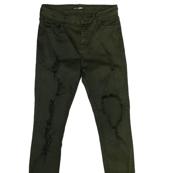 Fashion Nova Dark Green Distressed Jeans Size 9 - Picture 4 of 5